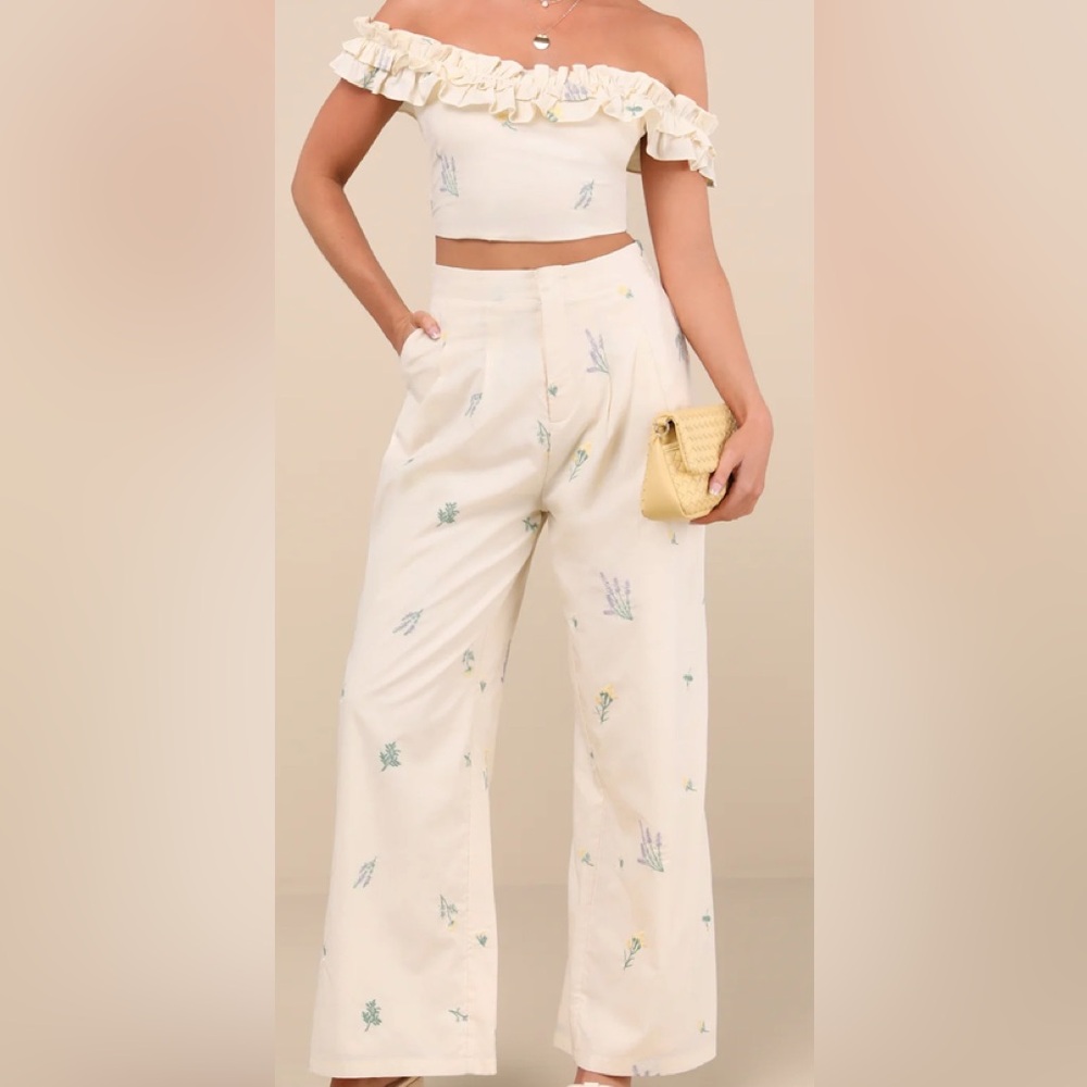 Lulus Rowena  Cream Embroidered Pants & Top Set